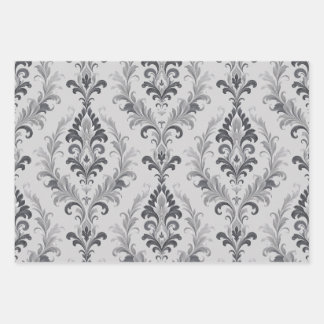 Silver Grey Baroque Damask Floral Pattern Wrapping Paper Sheets