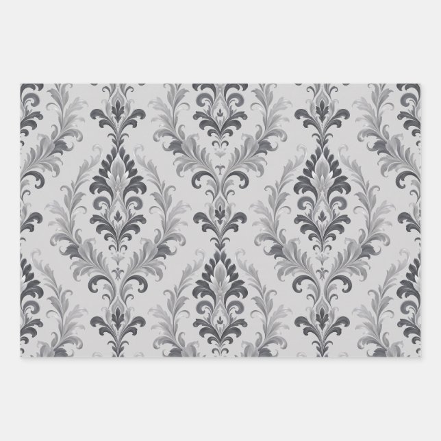 Silver Grey Baroque Damask Floral Pattern Wrapping Paper Sheets (Front)