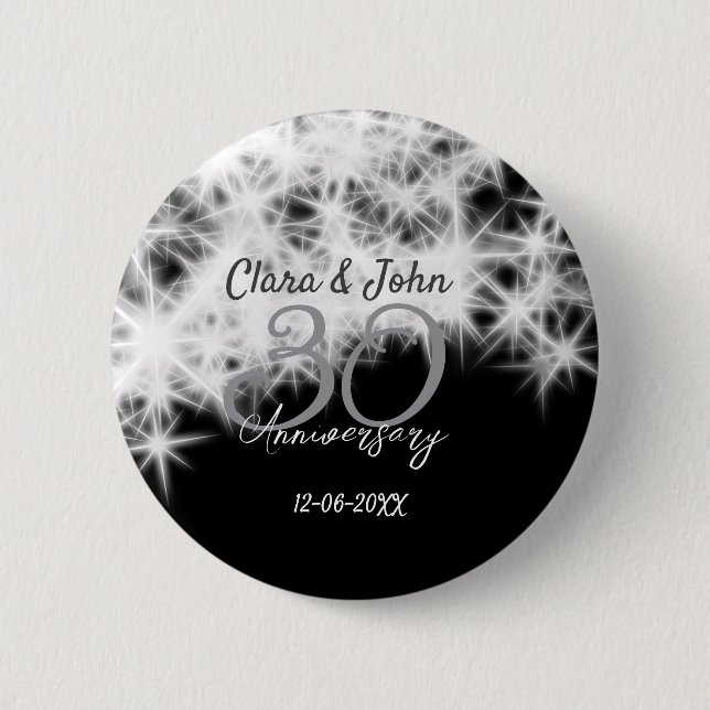 Silver grey black 30th wedding anniversary glitter button (Front)