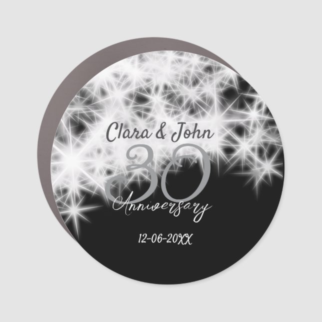 Silver grey black 30th wedding anniversary glitter car magnet (Front)