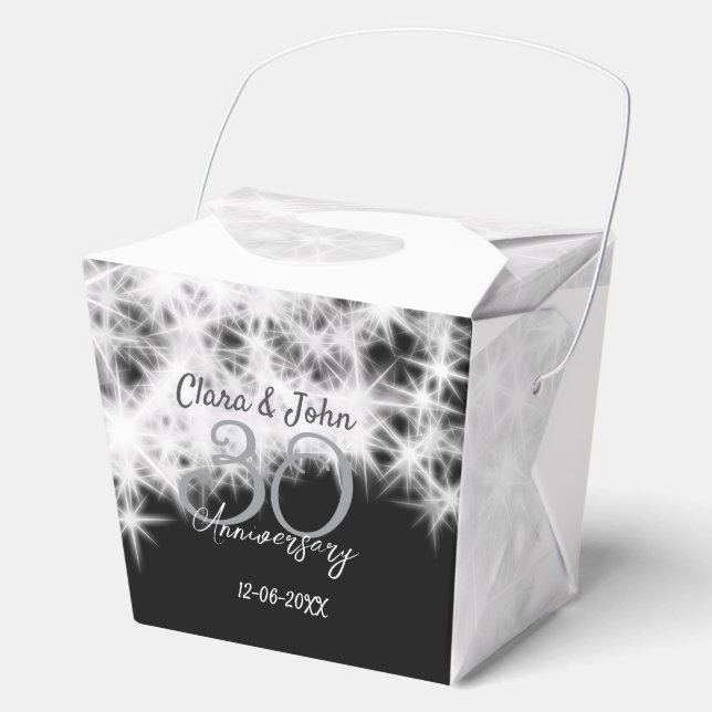 Silver grey black 30th wedding anniversary glitter favor boxes (Front)