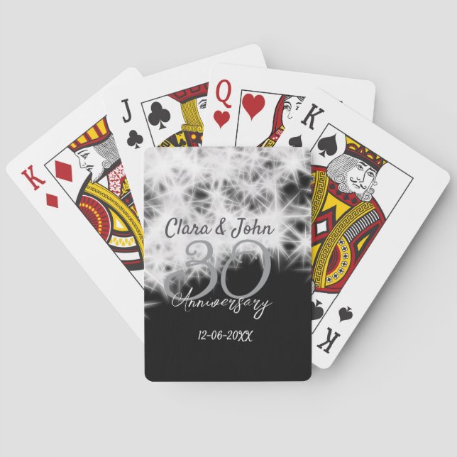 Silver grey black 30th wedding anniversary glitter poker cards (Back)