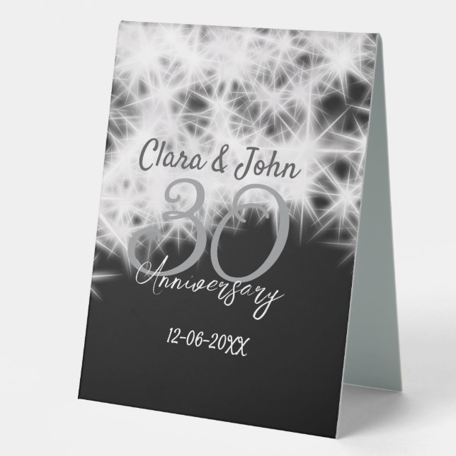 Silver grey black 30th wedding anniversary glitter table tent (Front)