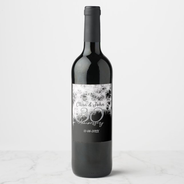 Silver grey black 30th wedding anniversary glitter wine label (Front)