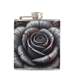 Silver Grey & Black Rose Elegant Gothic Wedding Flask