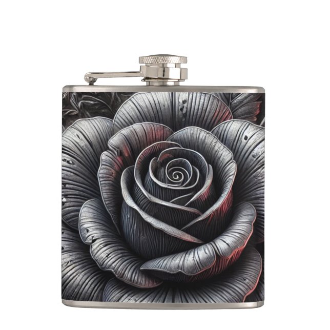 Silver Grey & Black Rose Elegant Gothic Wedding  Flask (Front)