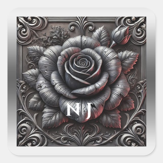 Silver Grey & Black Rose Elegant Gothic Wedding  Square Sticker (Front)