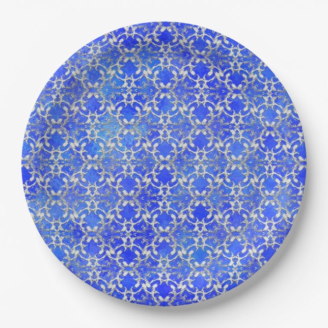 Silver Grey Blue Dancing Scrolls Pattern Paper Plates (Front)