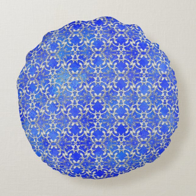 Silver Grey Blue Dancing Scrolls Pattern Round Pillow (Back)