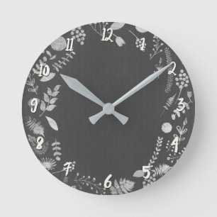 Silver Grey Botanical Leaves Personalized Custom Round Clock