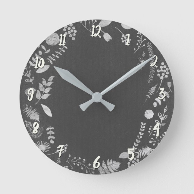 Silver Grey Botanical Leaves Personalized Custom Round Clock (Front)