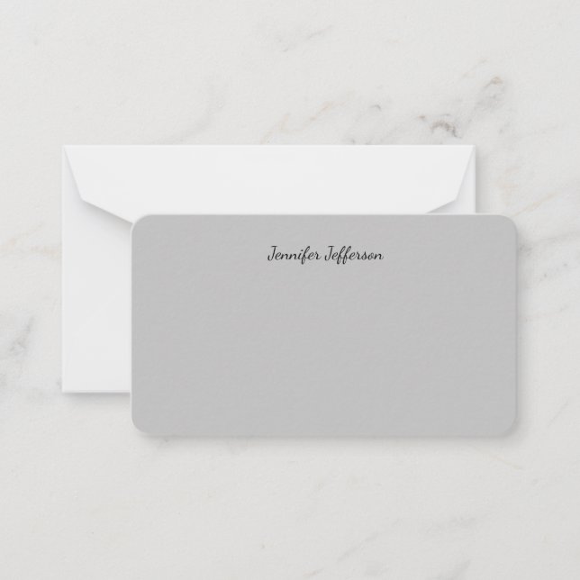 Silver Grey Calligraphy Name Plain Professional Note Card (Front)