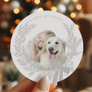 Silver Grey Christmas Wreath Photo Classic Round Sticker
