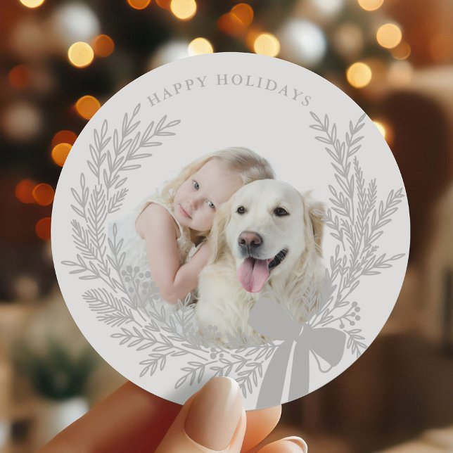 Silver Grey Christmas Wreath Photo Classic Round Sticker (Creator Uploaded)