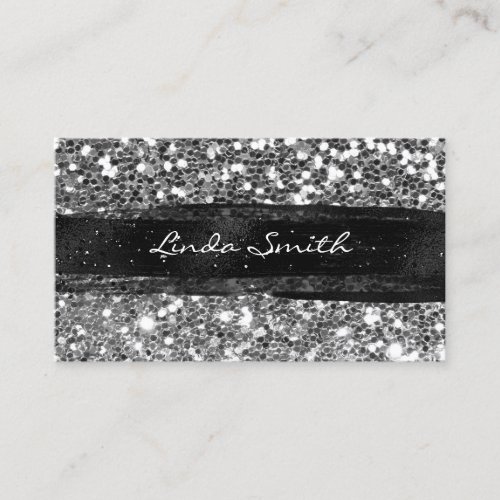 Silver Grey Confetti Glitter Black Brush Strokes Business Card