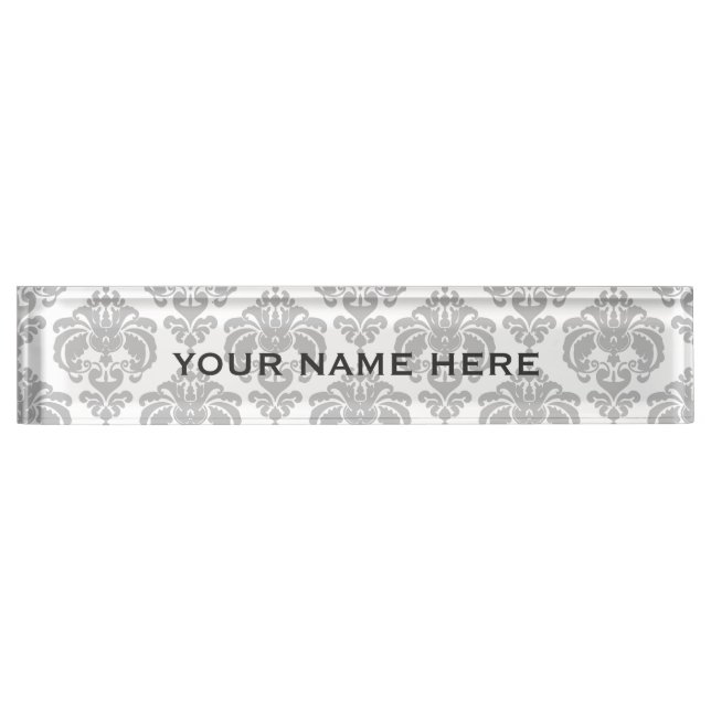 Silver Grey Damask Elegant Glam Personalized Nameplate (Front)