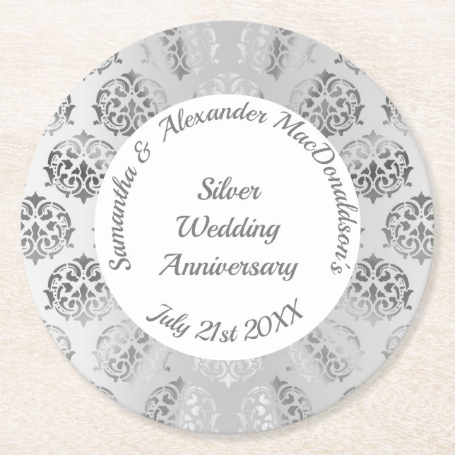 Silver grey damask wedding or anniversary round paper coaster (Front)