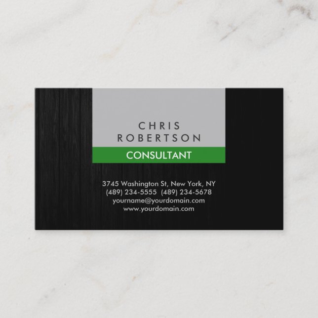 Silver Grey Dark Wood Pattern Green Business Card (Front)