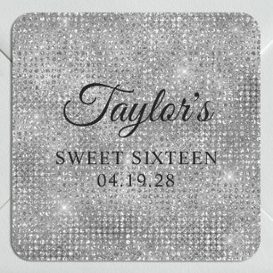 Silver Grey Disco Glitter Sweet Sixteen Square Sticker