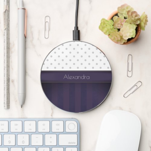Silver Grey Dots and Purple on Purple Stripes Wireless Charger