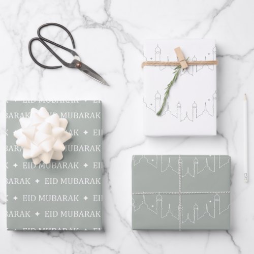Silver Grey Eid Mubarak Masjid Pattern Design Wrapping Paper Sheets