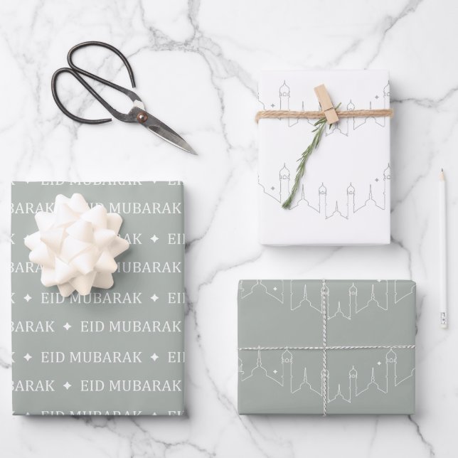 Silver Grey Eid Mubarak Masjid Pattern Design Wrapping Paper Sheets (Front)