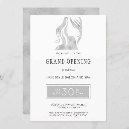 Silver grey elegant beauty salon grand opening invitation