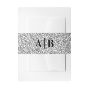 Silver Grey Faux Glitter Wedding Monogram Invitation Belly Band