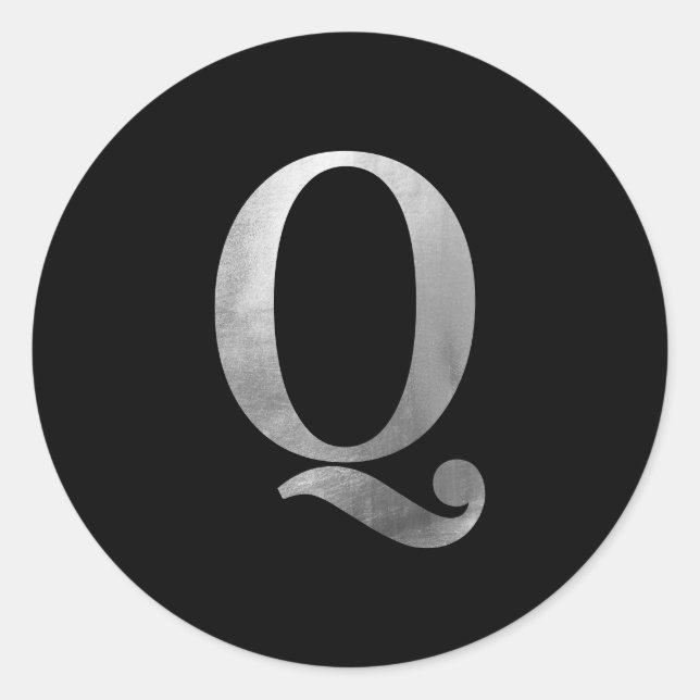 Silver Grey Foil Monogram Q on Black Classic Round Sticker (Front)