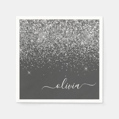 Silver Grey Girly Glitter Sparkle Monogram Name Napkins