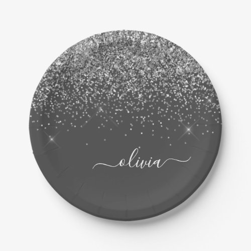 Silver Grey Girly Glitter Sparkle Monogram Name Paper Plates