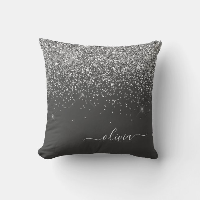 Silver Grey Girly Glitter Sparkle Monogram Name Throw Pillow (Front)