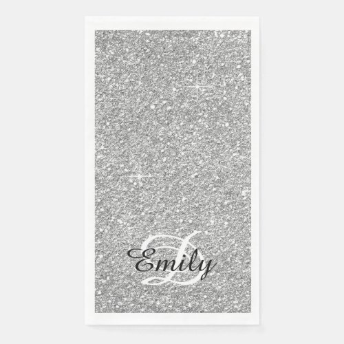 Silver Grey Glitter Black and White Monogram Paper Guest Towels
