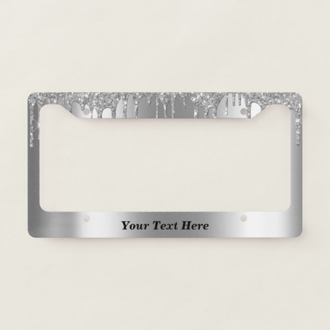 Silver Grey Glitter Drips Fun Custom Text License Plate Frame (Front)