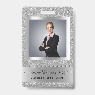 Silver Grey Glitter Look Bling Diamond Business Badge