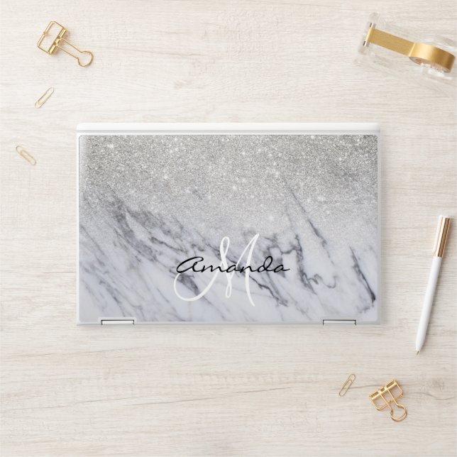 Silver Grey Glitter Ombre Marble Monogram HP Laptop Skin (Desk)