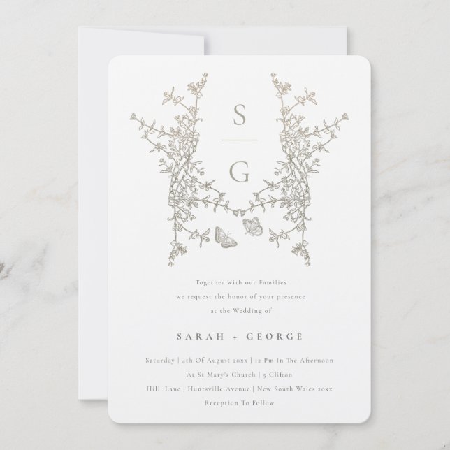 Silver Grey Gold Botanical Crest Monogram Wedding Invitation (Front)