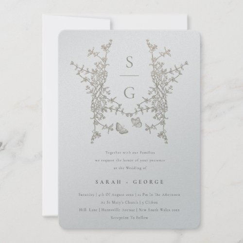 Silver Grey Gold Botanical Crest Monogram Wedding Invitation