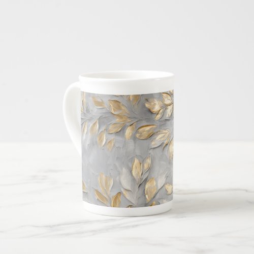 Silver Grey Gold Leaves Bone China Mug