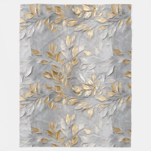 Silver Grey Gold Leaves Fleece Blanket