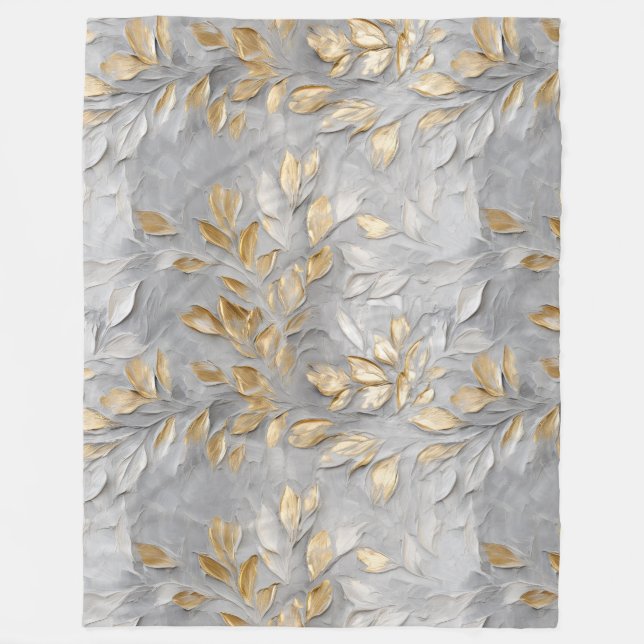 Silver Grey Gold Leaves Fleece Blanket (Front)