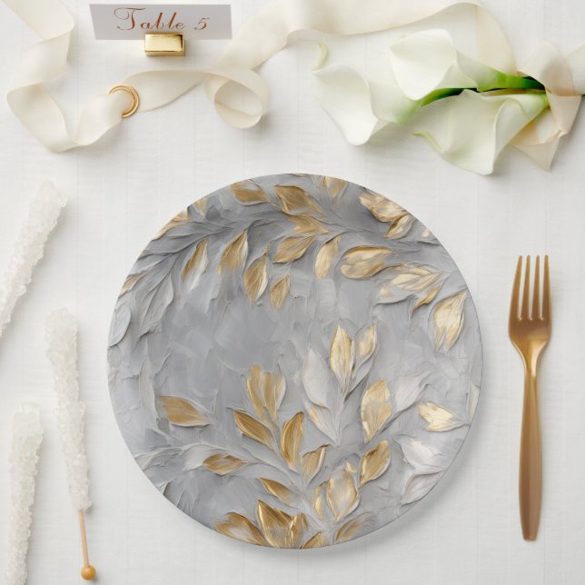 Silver Grey Gold Leaves Paper Plates (Wedding)