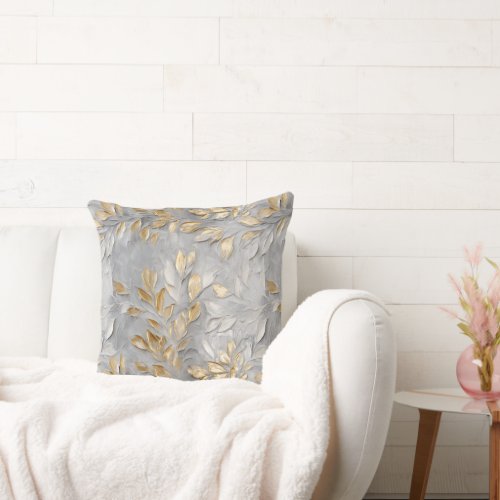 Silver Grey Gold Leaves Throw Pillow