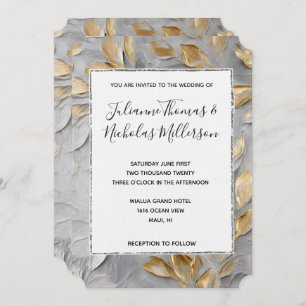 Silver Grey Gold Leaves Wedding Invitation