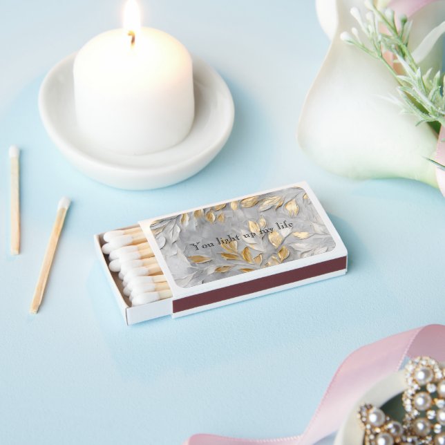 Silver Grey Gold Leaves Wedding Matchboxes (Insitu)