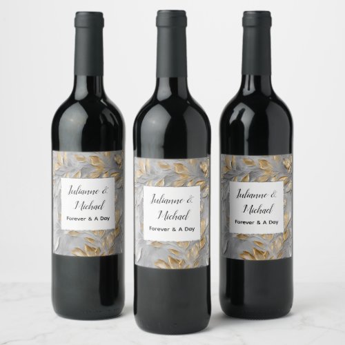 Silver Grey Gold Leaves Wedding Wine Label