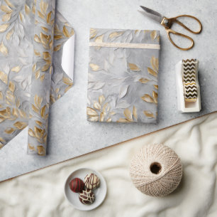 Silver Grey Gold Leaves Wrapping Paper