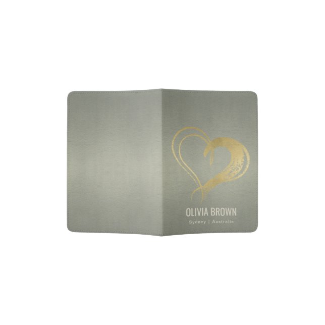 SILVER GREY GOLD LOVE HEART LEATHER MONOGRAM PASSPORT HOLDER (Opened)