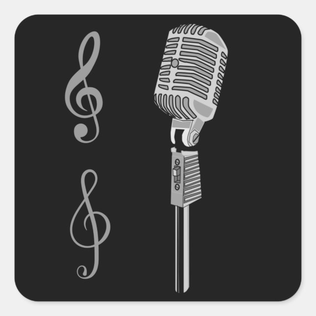 Silver grey hand drawn microphone musical notes square sticker (Front)