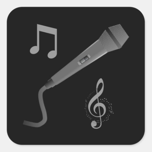 Silver grey hand drawn microphone musical notes square sticker